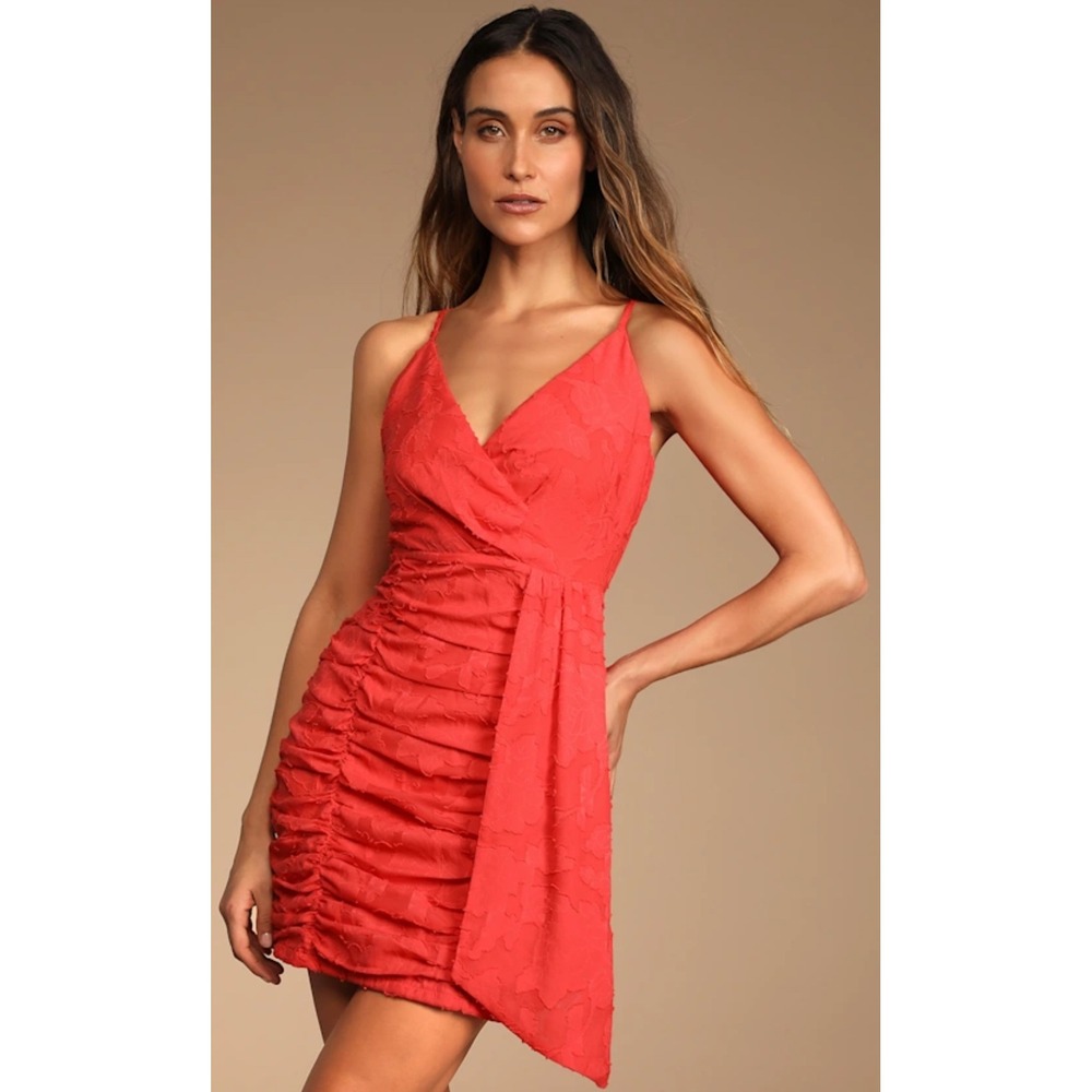 NWT Lulus Large Red Primped to Perfection Floral Burnout Ruched Mini Dress